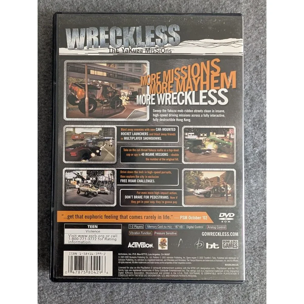 Wreckless: The Yakuza Missions PlayStation 2 PS2 Black Label Complete CIB
